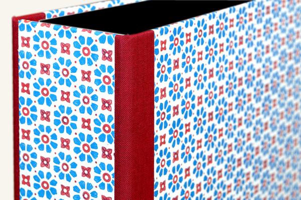 Red and blue file folder with fine stamp flowers